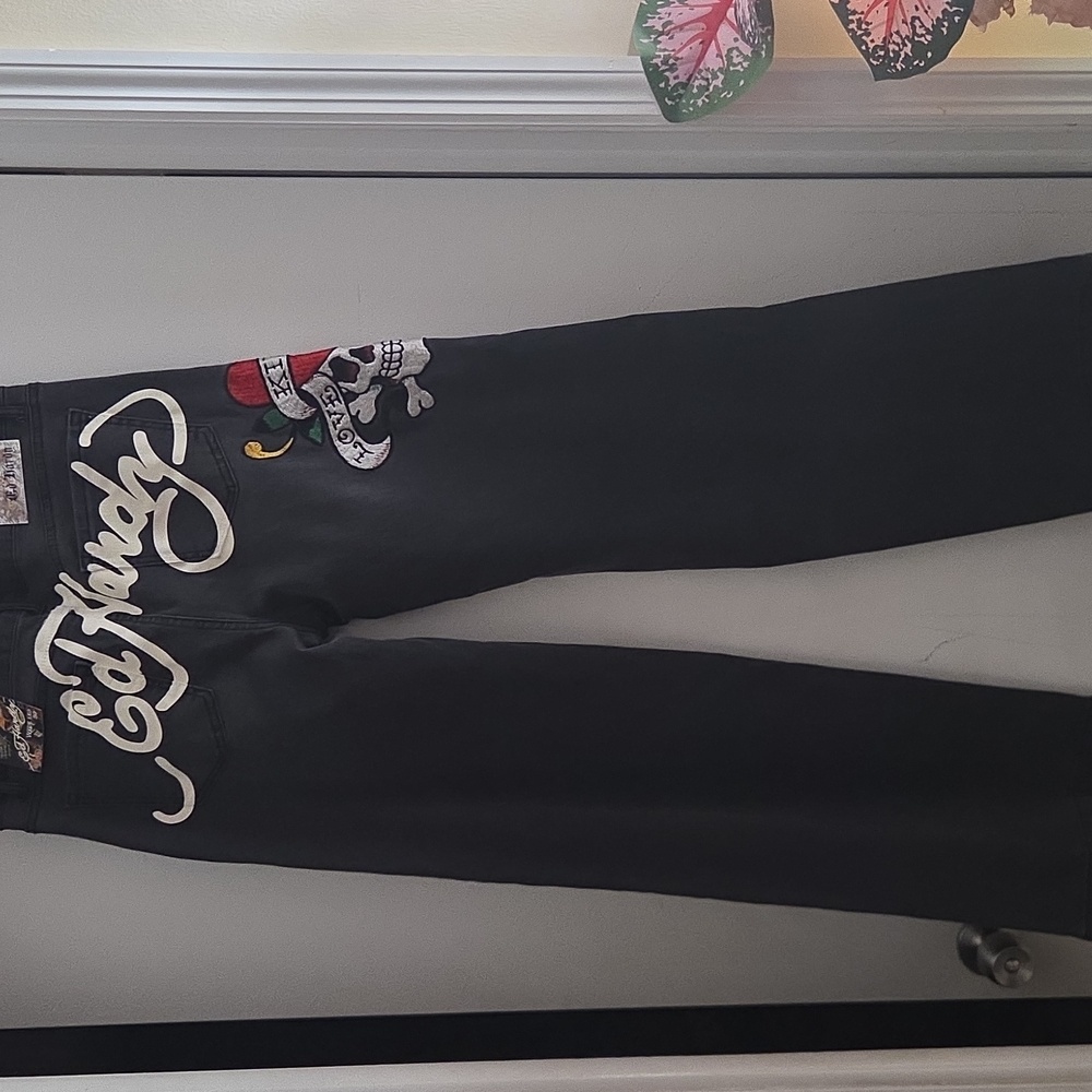 Ed Hardy Black Straight Leg Jeans with Skull Design